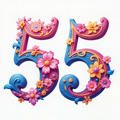 Obraz premium A colorful, ornate number 55 adorned with flowers and intricate patterns celebrating a 55th birthday against a white background.