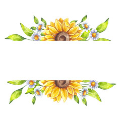 Watercolor blooming sunflower, chamomile flower, green leaves frame. Wildflowers daisies floral botanical drawing. Hand drawn illustration isolated white background. Wedding invitation, save the date