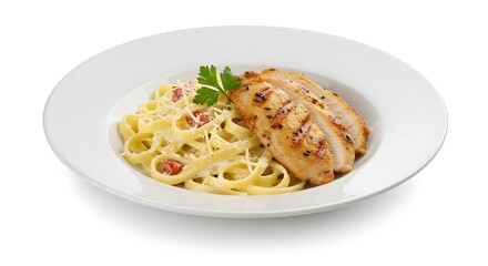 Culinary Delight: A plate of pasta carbonara is elegantly presented alongside grilled chicken breast, a culinary masterpiece.
