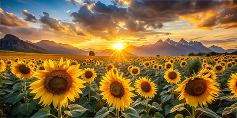 Obraz premium Vibrant sunflowers stretch across a field as the sun sets behind majestic mountains, casting golden hues on the landscape. Nature’s beauty shines brightly in this tranquil setting