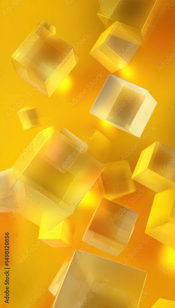 Aufkleber glowing yellow background with floating translucent cubes and light reflections
