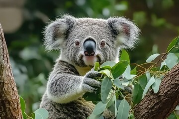 Obraz premium Fluffy koala bear enjoying fresh eucalyptus leaves in its natural habitat in Australia, Fluffy Koala Bear eats tree leaves Fauna of Australia