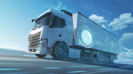White Truck on Highway with Digital Data and Technology Overlay