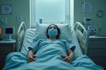 Obraz premium Lone figure in a hospital bed, representing the healthcare emergency in a pandemic.