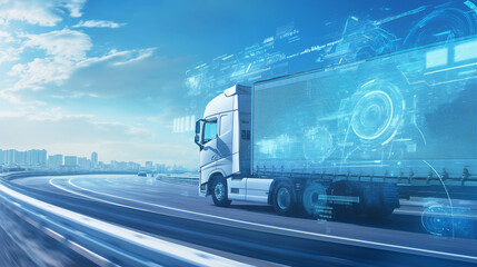 White Truck on Highway with Digital Data and Technology Overlay