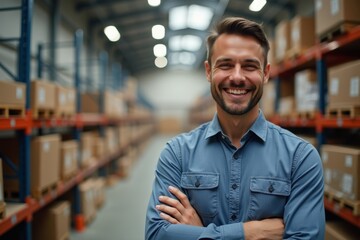 Fototapeta premium Professional and Friendly Male Supervisor Smiling in Warehouse Setting