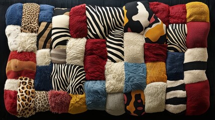 A patchwork of animal skins and fur in various colors and patterns.