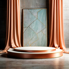Elegant Rose Gold Product Display Podium with Peach Curtains and Marble Art