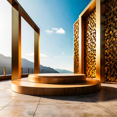 Modern Wooden Platform with Golden Architectural Elements and Mountain View