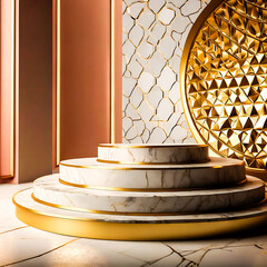 Elegant Three Tier Marble Display Stand with Gold Accents and Geometric Background