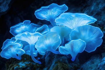 Glowing blue mushrooms cluster in a dark, damp environment, showcasing their bioluminescent beauty.