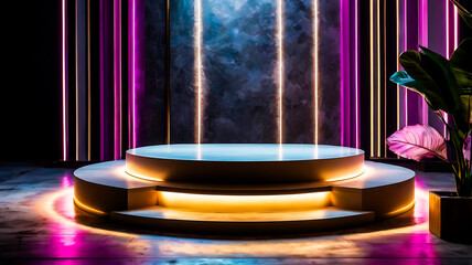 Modern Illuminated Round Podium with Neon Lights and Plant