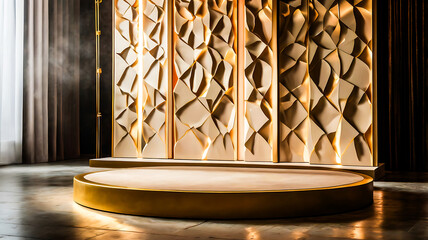 Elegant Gold and Beige Display Podium with Geometric Wall Panel