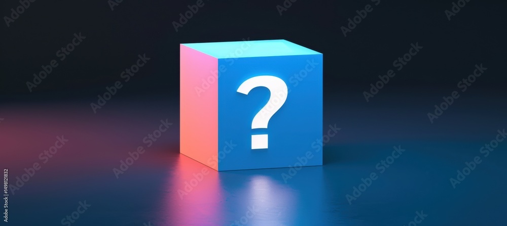 Poster minimalist mystery box design with glowing question mark on gradient background