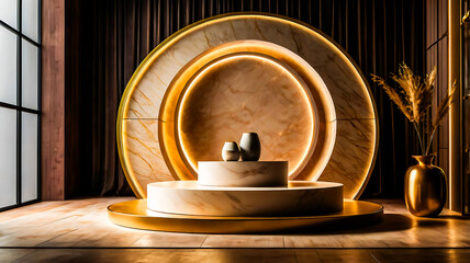 Elegant Gold and Marble Display Stand with Decor in Dark Room