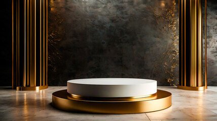 Elegant White and Gold Product Display Platform with Marble Floor
