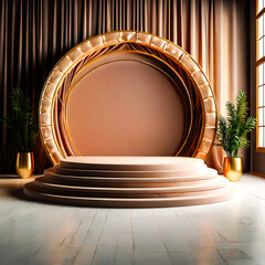 Elegant Beige and Gold Product Display Podium with Plants