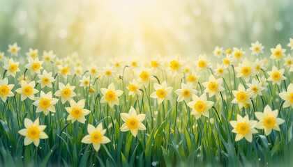 Fototapeta premium A vibrant field filled with blooming daffodils greets the morning sun, creating a picturesque spring atmosphere. The flowers sway gently in the breeze among lush green grass