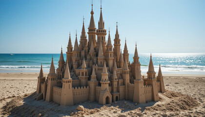 A detailed sandcastle stands majestically on a sandy beach, surrounded by shimmering waves and blue skies