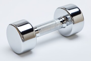 A shiny metal dumbbell with a silver colour is positioned on a pile of disks