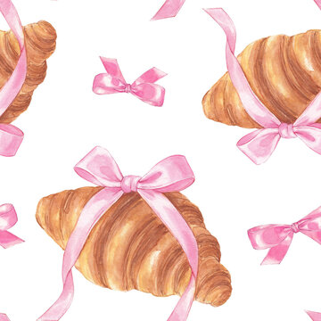 Watercolor croissant and pink bow seamless pattern, coquette food