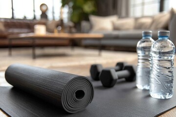 A man in the living room is exercising with a water bottle and hand weights