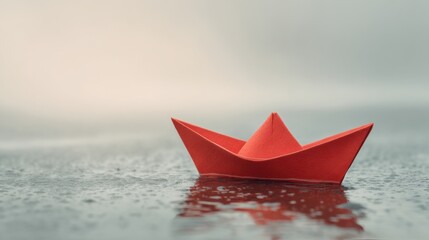 Red Paper Boat on Pale Water Surface