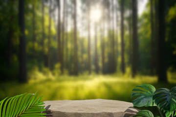 Stone tabletop podium floor in outdoors tropical garden forest blurred green leaf plant nature...