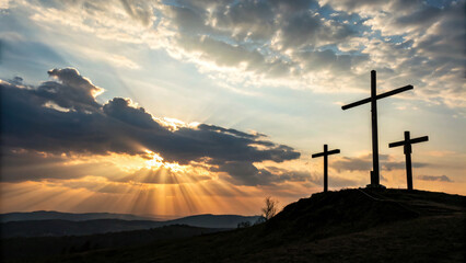 Obraz premium three Christian crosses on a hill, silhouetted against holy heaven