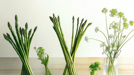 Fresh green asparagus spears with water droplets in minimalistic glass vase on white background