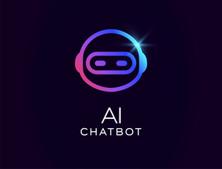 Fototapeta na wymiar AI chatbot logo with futuristic robot face in circular shape, cosmic helmet, glowing gradient design. Best for virtual assistants, tech branding, smart communication. Vector illustration.