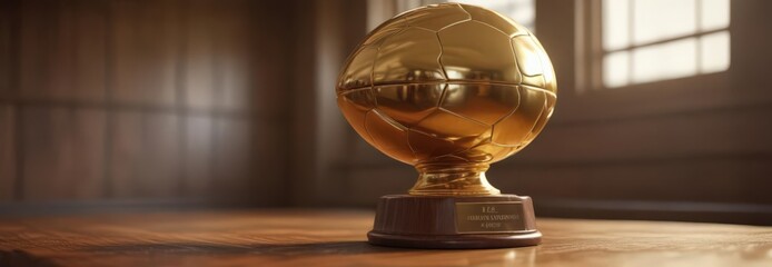 Gleaming gold football trophy on rich wood, sunlit ,  victory,  wooden table,  award