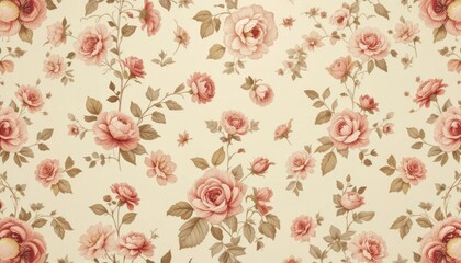 Seamless floral wallpaper design featuring vintage pink roses and blossoms