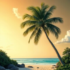 Tropical beach with palm tree at sunset calm sea and white sand with stones peaceful paradise background