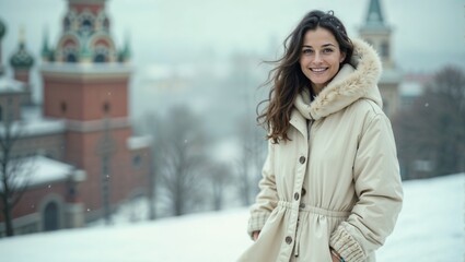 Young woman smiling warmly in light beige fur-trimmed coat standing in snowy winter landscape with historic buildings