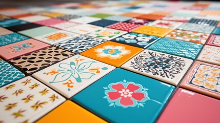 Fototapeta premium A mosaic of colorful tiles with various patterns and designs.