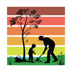 Dad Helping Son Plant Tree Gardening Theme. Victor Art Illustration 