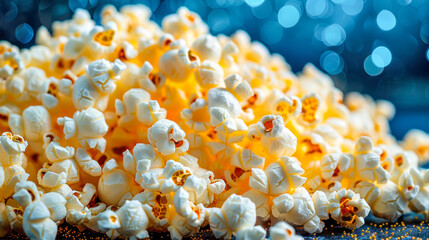 Pile of freshly popped popcorn with vibrant blue background and soft bokeh effect