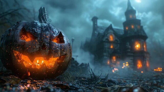lentera labu halloween di depan rumah hantu
