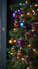 Christmas Tree Decorated with Colorful Ornaments and Lights