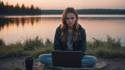 Young woman working on laptop by lake at sunset with peaceful nature background and warm light