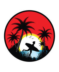 Tropical Sunset Surfing Vector with Palm Trees and Ocean View &ndash; Summer Beach Illustration