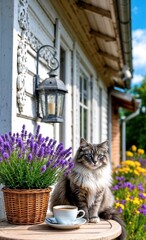 Fluffy gray-white cat with blue eyes sitting on cozy terrace with coffee cup and blooming lavender basket against wooden house facade with wrought iron decor and flowers