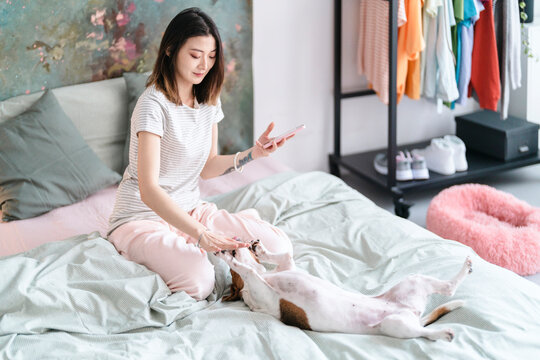 A woman sits on her bed, holding her phone and playing with her dog. The dog is on its back, enjoying the interaction. They are sharing a relaxed moment together, strengthening their bond.