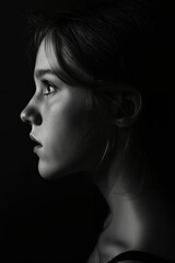 A black and white photo of a woman's face in the dark