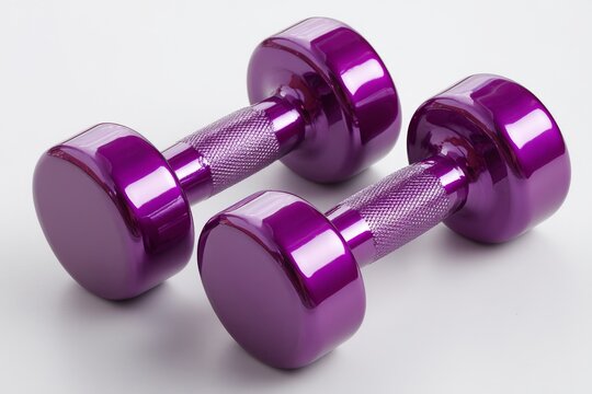 Two dumbbells weighing 2kg and colored purple, with rubberized surfaces, are depicted in isolation on a white backdrop, representing athletic training and sports gear