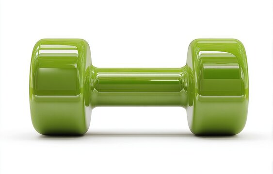 A green plastic dumbbell is positioned on a white isolated background, categorized as sports equipment