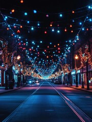 Obraz premium Enchanted Night Street: A Festive Cityscape Under Sparkling Lights