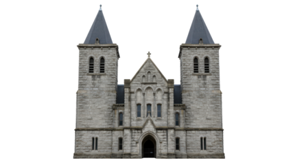 Isolated Grand Stone Church with Twin Towers and Intricate Architecture