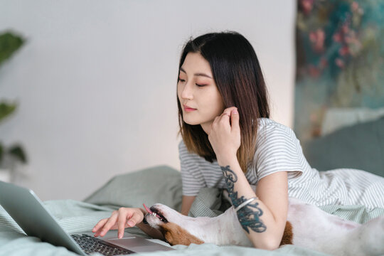 A woman works on her laptop in bed with her dog nearby. The dog is close, perhaps wanting attention or just enjoying the company. A quiet moment of work or leisure with a furry friend.